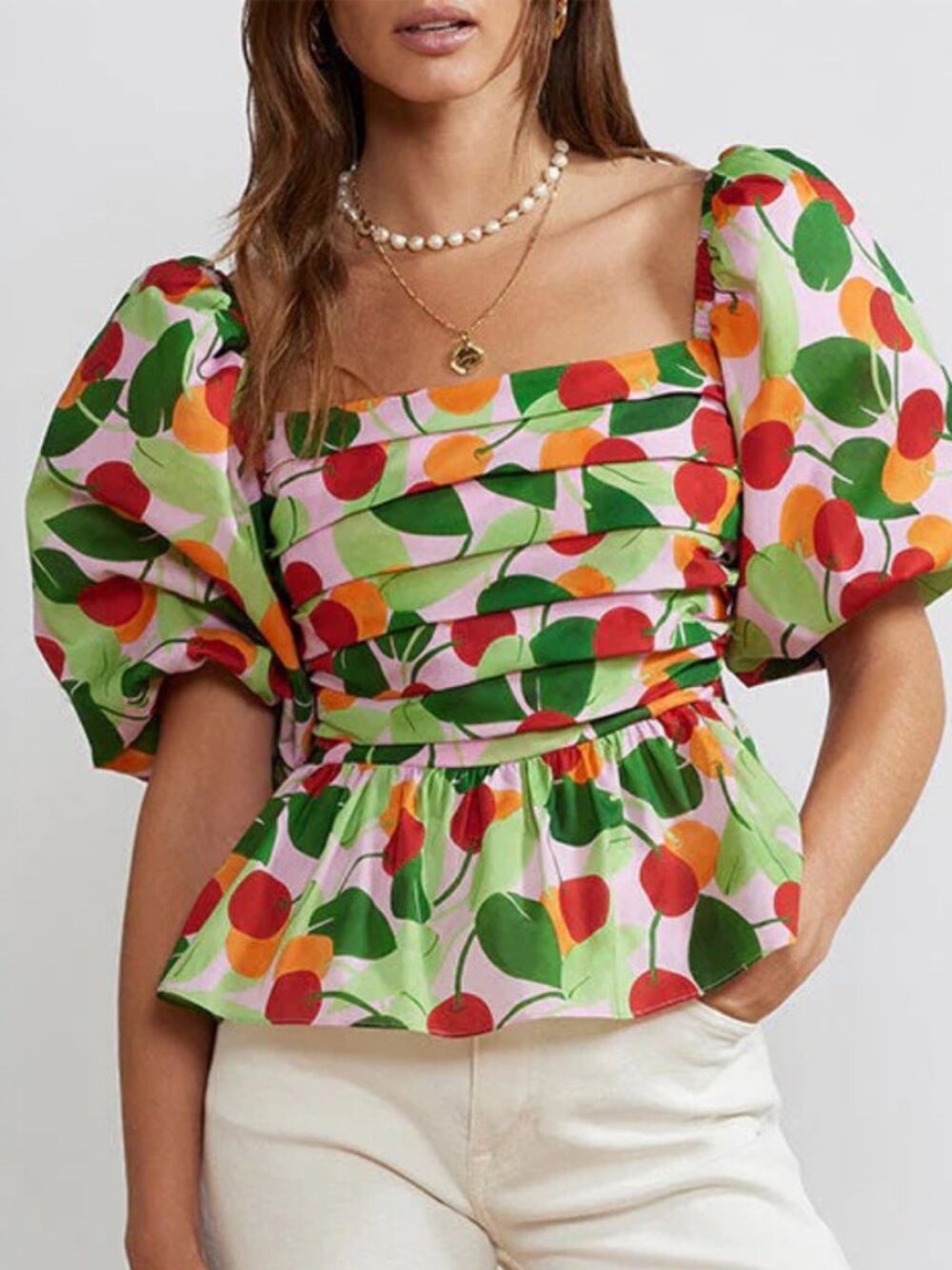 KITRI Lois Cotton Fruit Print Puff Sleeve Blouse Size 6